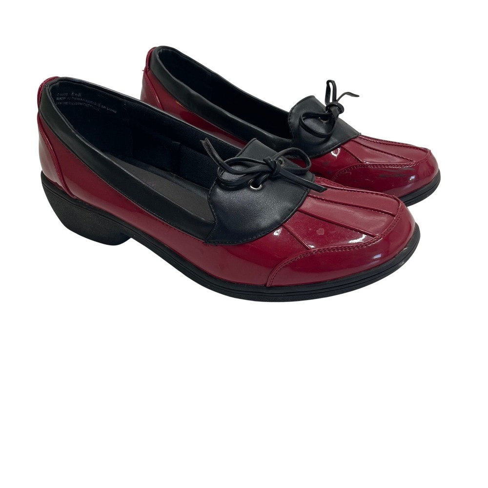 Women Red Black Patent Duck Loafer Shoes Bow Detail 8.5 Rain Trail Gorpcore